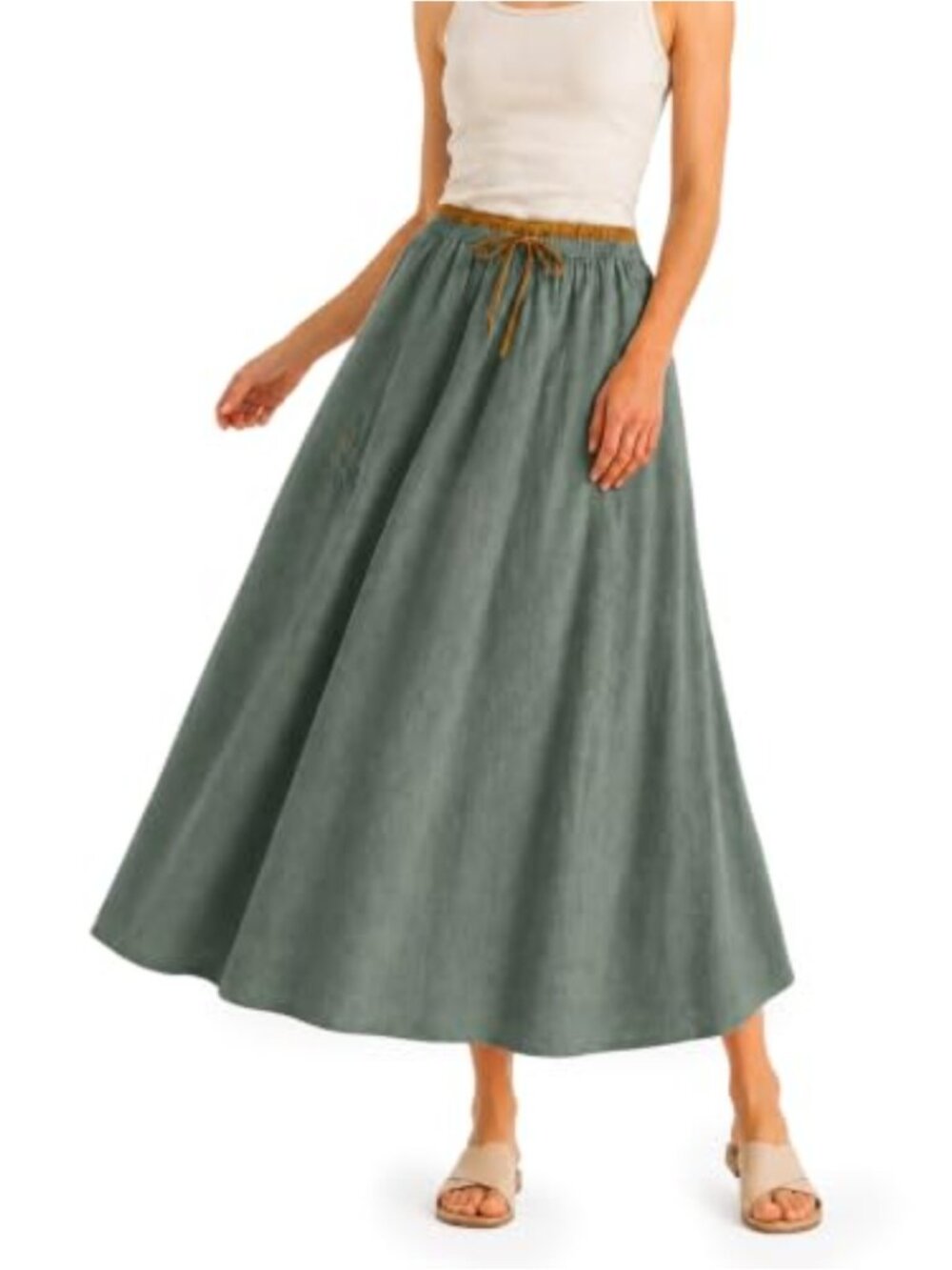 Cotton Linen Midi Skirt Drawstring Waist Boho A-Line Pockets